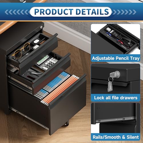 3 Drawer File Cabinet with Lock and Wheels,Rolling File Cabinets with Lock,Vertical Metal Filing Cabinet for Legal/Letter/A4 File-Black/Assembly Required - color: Black, size: 3 Drawer-Mobile