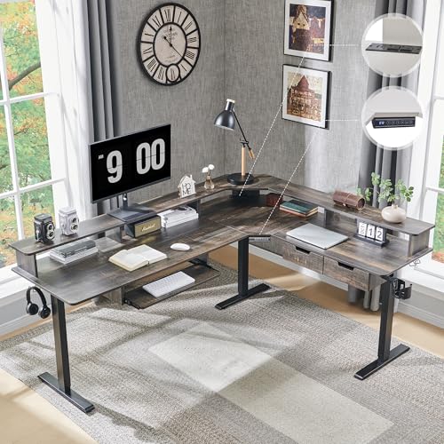 RedLemon 75x60 Inches L Shaped Electric Standing Desk, Dark Rustic Oak - color: Dark Rustic Oak, size: 75"X60"
