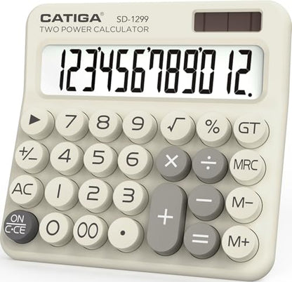 CATIGA Mechanical Switch Calculator with Solar and Battery Dual Power, 12-Digit Large LCD Display, Aesthetic and Cute Desktop Calculator with Big Button, for Home, School and Office Use, SD-1299 - color: Z) Beige
