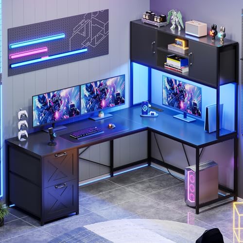 SEDETA Reversible L Shaped Corner Gaming Desk with Drawers, Led Lights - color: Black