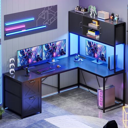 SEDETA Reversible L Shaped Corner Gaming Desk with Drawers, Led Lights - color: Black