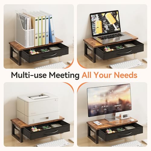 Computer Monitor Stand Riser with Drawer, 2-Tier Desk Accessories & Workspace Organizers, Laptop Stand for Desk with Storage, Office Organization, Wood