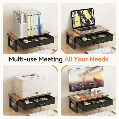 Computer Monitor Stand Riser with Drawer, 2-Tier Desk Accessories & Workspace Organizers, Laptop Stand for Desk with Storage, Office Organization, Wood