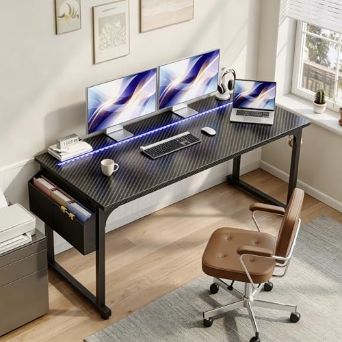 DurayLoly 55" Carbon Fiber Gaming Desk with RGB LED for Teens Bedroom,Black - color: Black, size: 55 Inch