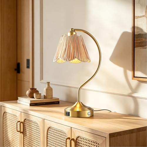 Boho Rattan Touch Small Table Lamps USB C+A Ports | Retro Rattan Shade, 3-Way Dimmable Farmhouse Lamp for Bedroom Living Room Entryway Office, LED Bulbs Included - color: Brass-Single