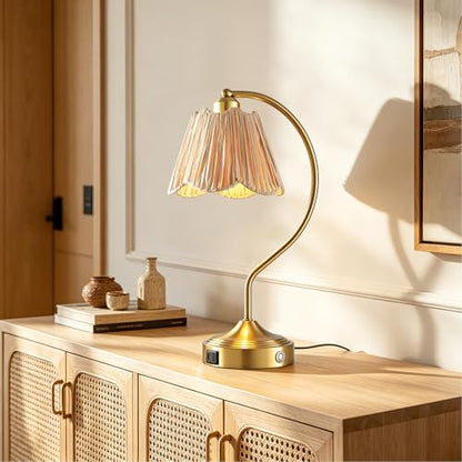 Boho Rattan Touch Small Table Lamps USB C+A Ports | Retro Rattan Shade, 3-Way Dimmable Farmhouse Lamp for Bedroom Living Room Entryway Office, LED Bulbs Included - color: Brass-Single
