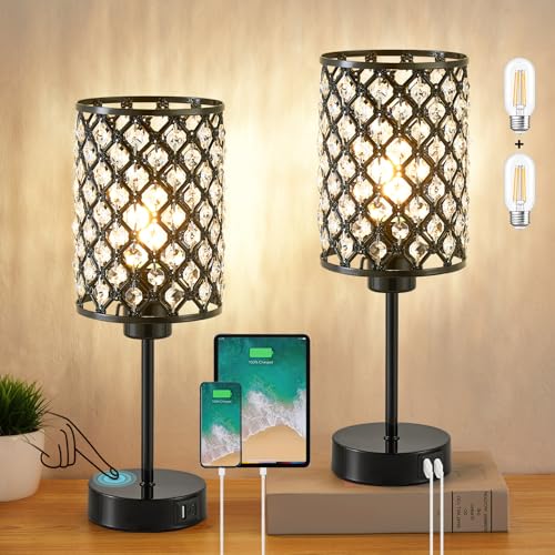 GyroVu Black Crystal Bedside Table Lamps Set of 2 with USB C+A Ports - color: Black-2, size: 14.75"