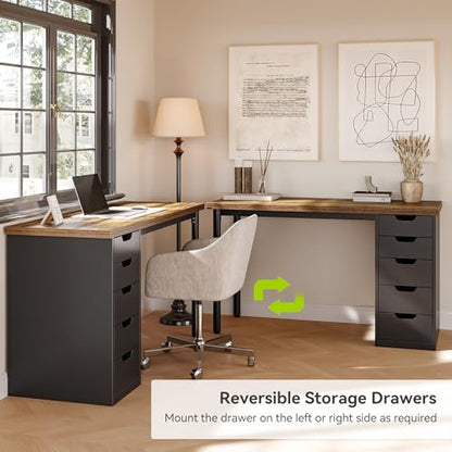 LITTLE TREE Computer Desk with 5 Drawers, 47 Inch Modern Simple Study Writing Desk with Metal Frame, Work Desk for Home Office, Rustic Brown and Black - color: Rustic Brown and Black