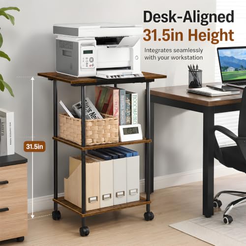 Large Printer Stand with Storage Rolling Printer Cart with Wheels - color: Rustic Brown