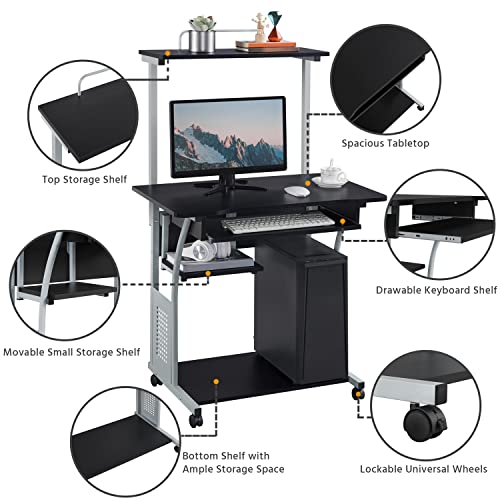 Yaheetech Small Rolling Computer Desk with Hutch and Storage Shelves, Black - color: Black