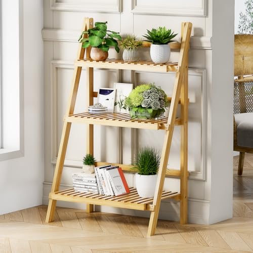 Foldable Ladder Shelf 39.4", Plant Shelf 3 Tier, Bamboo Ladder Bookshelf - color: 3-tier Natural