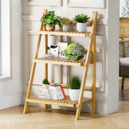 Foldable Ladder Shelf 39.4", Plant Shelf 3 Tier, Bamboo Ladder Bookshelf - color: 3-tier Natural