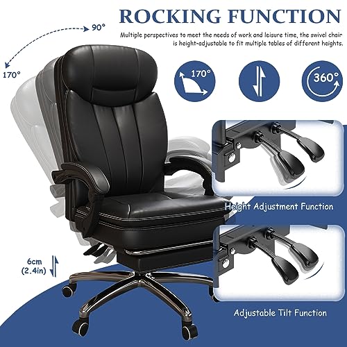 Ergonomic Office Chair - Adjustable Height Desk Chair with Lumbar Support and Retractable Footrest - High Back Chairs PU Leather Thick Seat Cushion, Head, and Arm Rests - Reclines - color: Black