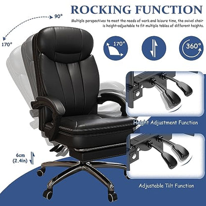 Ergonomic Office Chair - Adjustable Height Desk Chair with Lumbar Support and Retractable Footrest - High Back Chairs PU Leather Thick Seat Cushion, Head, and Arm Rests - Reclines - color: Black