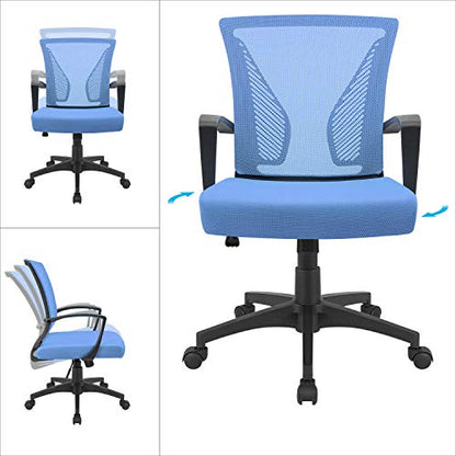 Furmax Office Chair Ergonomic Computer Desk Mesh Chair Mid Back Swivel Lumbar Support with Armrest (1, Blue) - color: Blue