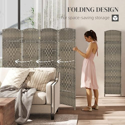 HOMCOM 4 Panel Room Divider 6 Ft Privacy Screen Hand-Woven Dark Rustic Oak | Folding PP Wall Partition, Pine Wood Frame, Freestanding Room Separator, Bedroom Home Office, No Assembly - color: Oak, size: 4 Panel