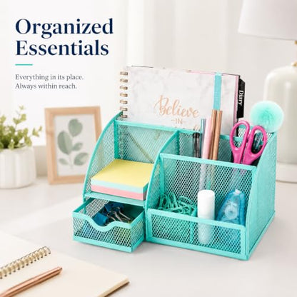 Exerz Desk Organizer 7 Compartments Metal Mesh Pen Holder Turquoise - color: Turquoise