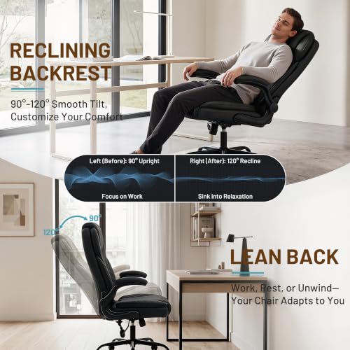 Ergonomic Office Chair, PU Leather High Back Executive Chair with Adjustable Inflatable Lumbar Support and Padded Flip-Up Arms, Recline Swivel Task Computer Chair for Home Office, Black - color: Black