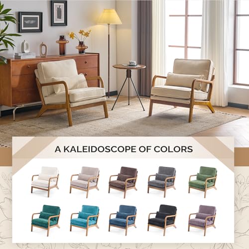 VINGLI Chenille Mid-Century Modern Accent Chair Set of 2, Cute Reading Arm Chair with Cushion & Lumbar Pillow & Solid Wood Frame for Lounge, Living Room, Reading Room, Bedroom,Cream - color: Cream