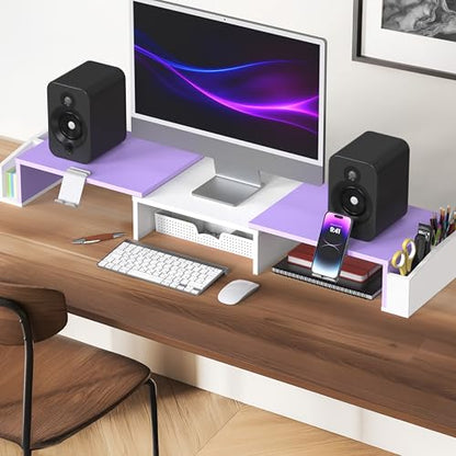 Simple Houseware Desk Dual Monitor Stand Riser with Drawer, Purple | Customizable Organizer Tray, Built-In Phone & Tablet Slot and Side Storage - color: Purple