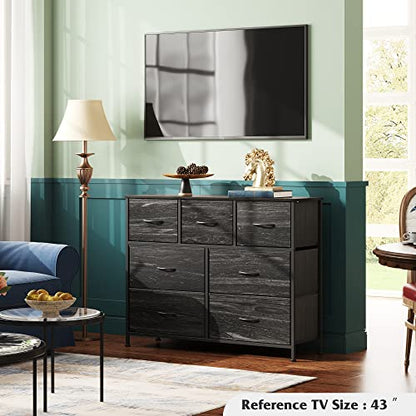 WLIVE 7 Drawer Dresser TV Stand, Entertainment Center, Media Console Table with Metal Frame and Wood Top for TV up to 45 inch, Chest of Drawers for Bedroom, Charcoal Black Wood Grain Print - color: Charcoal Black Wood Grain Print