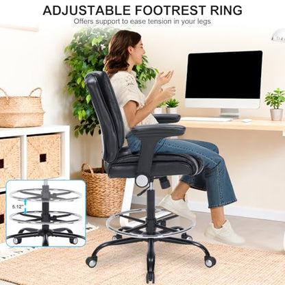 Office Drafting Chair, Tall Desk Chair with Adjustable Armrests and Footrest Ring PU Leather Standing Desk Chair with Extra Thicken Seat Cushion, Comfy High Office Chair for Counter Height Desk, Black