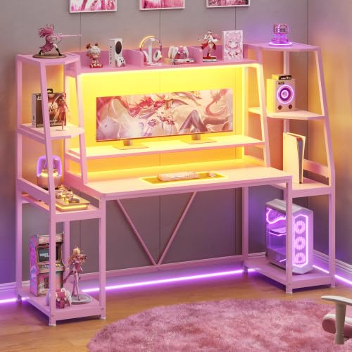 SEDETA 65.7'' Gaming Desk with LED Lights, Hutch and Storage Shelves, Pink - color: Pink, size: 65.7 inches