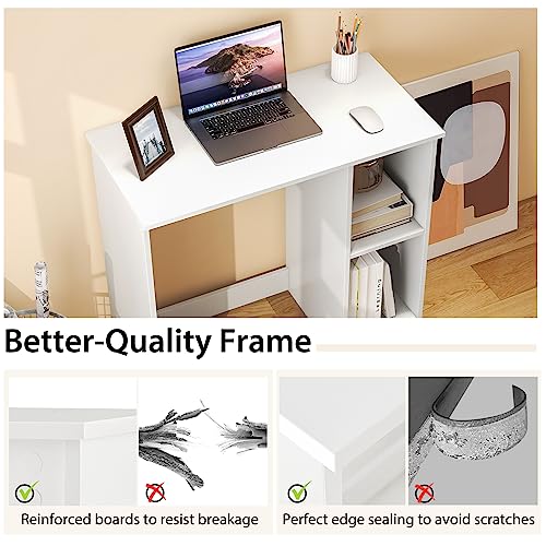 Tangkula Small White Desk with Shelves, Compact Desk for Small Space, Study Writing Table with 2 Tier Shelves, Modern Simple Style Laptop PC Table, White