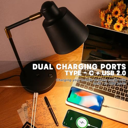 Anxingtools LED Desk Lamp with Dual USB Charging Ports, 100% Metal, 270° Swivel Arms, Soft White Light (3000K), Bedside Reading Lamp, Home Office Lamp (Black) - color: Black