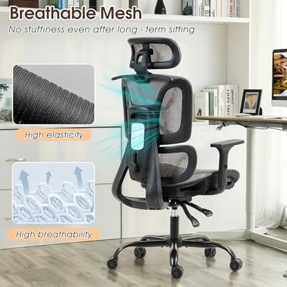 Grey Ergonomic High Back Mesh Office Chair | Lumbar Support, Adjustable Headrest, 3D Armrests, Reclining, Home/Office/Gaming, 330LBS - color: Grey, style: Upgrade w/o footrest