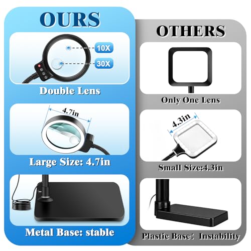 30X 10X Magnifying Glass with Light and Stand, LED Desk Lamp for Close Work - color: Black