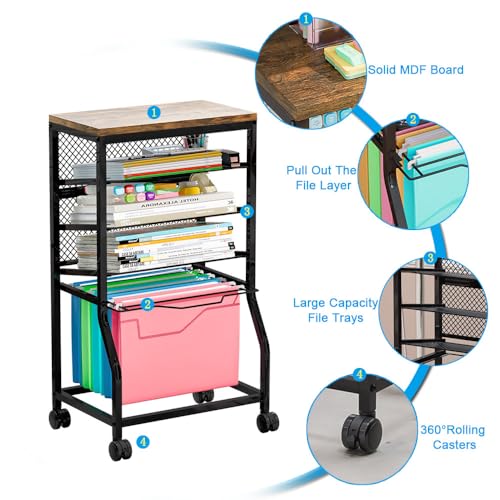 INGIORDAR 5 Tier Rolling File Cart Sliding Hanging Folder Storage Wheels | Under Desk Storage Organizer On Lockable Wheels Mesh Sliding Trays Multifunctional Clutter Cart for Office School Home