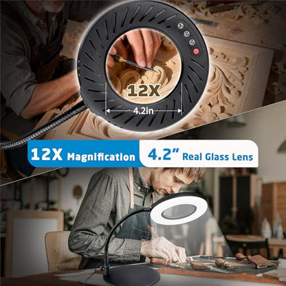 12X Magnifying Glass with Light and Stand, LED Magnifying Lamp with Clamp