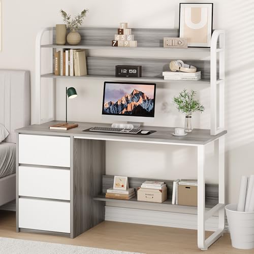 MaverickFurni 55 Inch Computer Desk with Hutch and 3 Drawers, Gray - color: Grey, size: 55"W