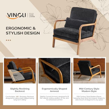 VINGLI Chenille Mid-Century Modern Accent Chair Set of 2, Cute Reading Arm Chair with Cushion & Lumbar Pillow & Solid Wood Frame for Lounge, Living Room, Reading Room, Bedroom, Black - color: Black