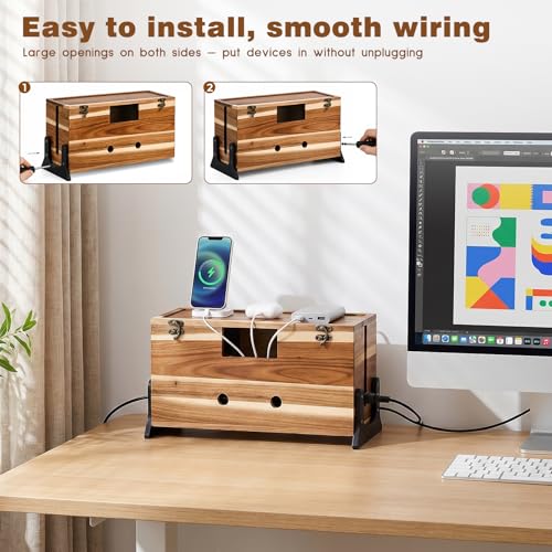 Extra Large Cable Management Box, 14.2-Inch Acacia Wood Cord Hider Box with Dual Locks and Magnetic Lid, Power Strip Cover and Cable Organizer for Desk, Floor, TV Wires and Home Office