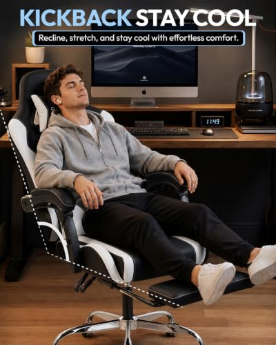 Dowinx Ergonomic Gaming Chair with Footrest & Massage Lumbar, 2D-Linkage Armrests for Computer Chair 330lbs with Headrest Pillow for Office, Home, Streaming and Long Gaming Sessions, White - color: White