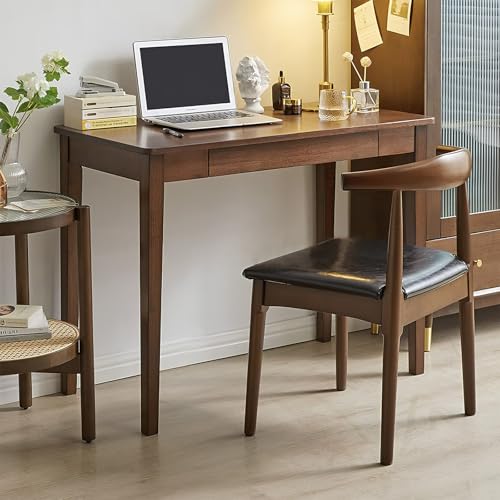 Solid Wood Computer Desk with Drawers, Modern Writing Desk for Home Office, Mid Century Modern Desk, Oak Study Table, 35.4x19.9x29.5 inches (Single Drawer), Walnut