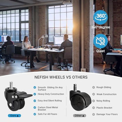 Nefish Office Chair Caster Wheels with Brake, 11mm, 2 Inch Heavy Duty Rubber Office Chair Wheel Replacement, Support 750lbs(Set of 5), Quiet Desk Chair Rollers, Safe for All Floors, Universal Fit - size: 11mm（With Brake）
