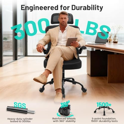 AreShark Office Chair - Ergonomic Desk Chair Breathable Mesh Chair with 2D Headrest & Adjustable Lumbar Support - Executive High Back Rolling Swivel Computer Gaming Chair with Wheels Flip-up Armrests - color: Black/Black