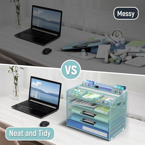 Docnest 5 Tier Mesh Desk Organizer with Removable Tray&Pen Holder, Blue - color: Blue, size: 12.6"x9.1"x10.3"