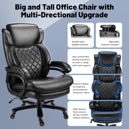 800lbs Big and Tall Office Chair, Executive Chair with Adjustable Headrest, High Back Extra Wide Seat, Heavy Duty PU Leather for Home Office, Comfortable Large Computer Desk Chair - color: Black