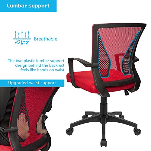 Furmax Office Chair Ergonomic Computer Desk Mesh Chair Mid Back Swivel Lumbar Support with Armrest (1, Red) - color: Red