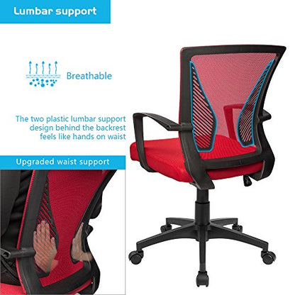 Furmax Office Chair Ergonomic Computer Desk Mesh Chair Mid Back Swivel Lumbar Support with Armrest (1, Red) - color: Red