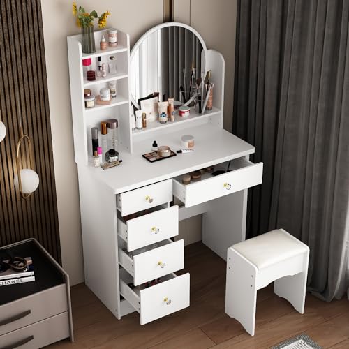 ECACAD Vanity Desk Set with Round Mirror, Makeup Dressing Table with 5 Drawers, Storage Shelves & Cushioned Stool for Bedroom, White - style: White-Without Light