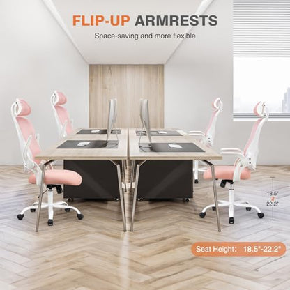 Sweetcrispy Computer Desk Chair, Mesh Office Chair with Lumbar Support | Ergonomic High-Back, Rolling Work, Adjustable Headrests, Flip-up Arms, Home Bedroom Study, Pink - color: Pink, style: Flip-up Armrest