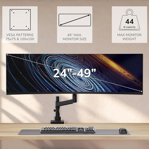 Mount-It! Ultrawide Monitor Desk Mount with Pole, Fits 17–49” Screens, Heavy Duty Height-Adjustable Gas Spring Arm, 44 lbs Capacity, Full Motion, VESA 75/100, Clamp or Grommet