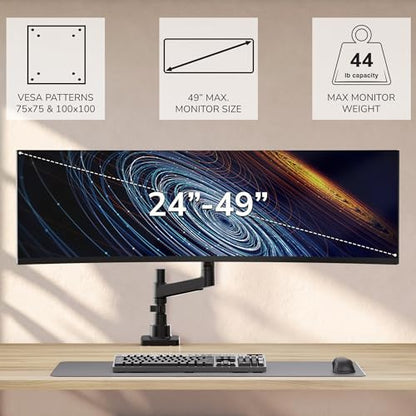 Mount-It! Ultrawide Monitor Desk Mount with Pole, Fits 17–49” Screens, Heavy Duty Height-Adjustable Gas Spring Arm, 44 lbs Capacity, Full Motion, VESA 75/100, Clamp or Grommet