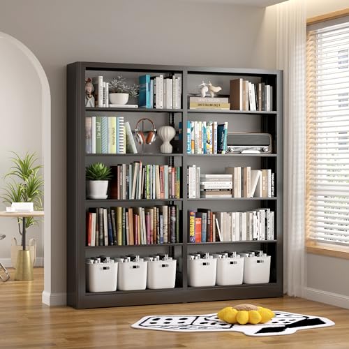 5-Tier Bookshelf, Black Bookcase with Adjustable Storage Shelves, Freestanding Bookcases and Bookshelves, Wide Bookshelf for Home Office, Living Room, Bed Room, Including Book Stopper (Black) - color: Black, size: 69"H*69"W