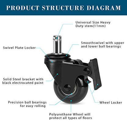 Hirate 5 Pack 2 inch Office Chair Caster Wheel Universal Stem 7/16" x 7/8" - color: Single Brake, size: 2"